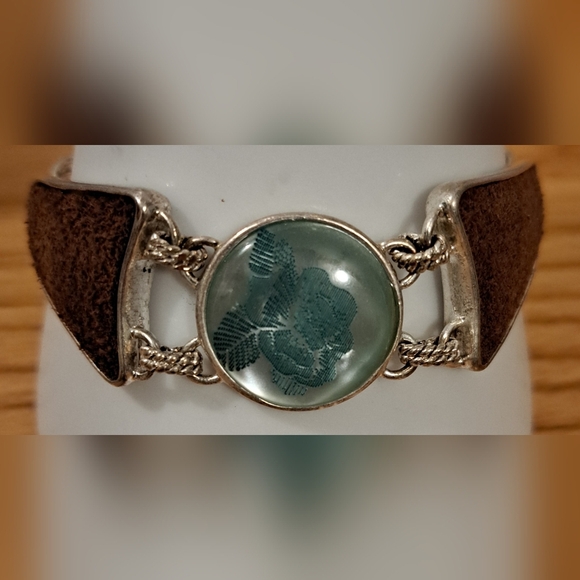 Vintage Liz Claiborne Brown Suede & Silver Tone Floral Boho Bracelet Jewelery - Picture 4 of 6